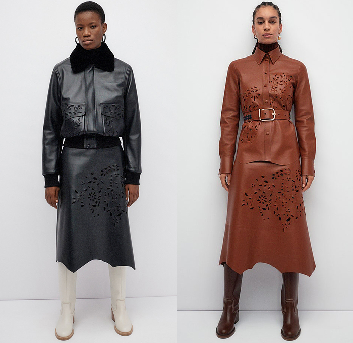 Chloé 2022 Pre-Fall Autumn Womens Lookbook Presentation - Balloon Leg O'Mutton Wide Cupcake Sleeves Ruffles Oversleeve Capelet Holes Eyelets Leaves Foliage Decorative Art Blouse Scales Knit Crochet Mesh Fishnet Adorned Threads Fringes Shawl Dress Zipper Stitch Pantsuit Blazer Patchwork Colorblock Trench Coat Bomber Jacket Fur Plush Embroidery Fleece Wool Midi Skirt Sandals Boots Handbag