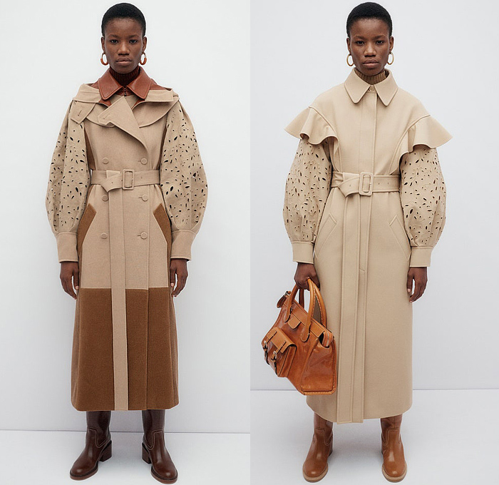 Chloé 2022 Pre-Fall Autumn Womens Lookbook Presentation - Balloon Leg O'Mutton Wide Cupcake Sleeves Ruffles Oversleeve Capelet Holes Eyelets Leaves Foliage Decorative Art Blouse Scales Knit Crochet Mesh Fishnet Adorned Threads Fringes Shawl Dress Zipper Stitch Pantsuit Blazer Patchwork Colorblock Trench Coat Bomber Jacket Fur Plush Embroidery Fleece Wool Midi Skirt Sandals Boots Handbag