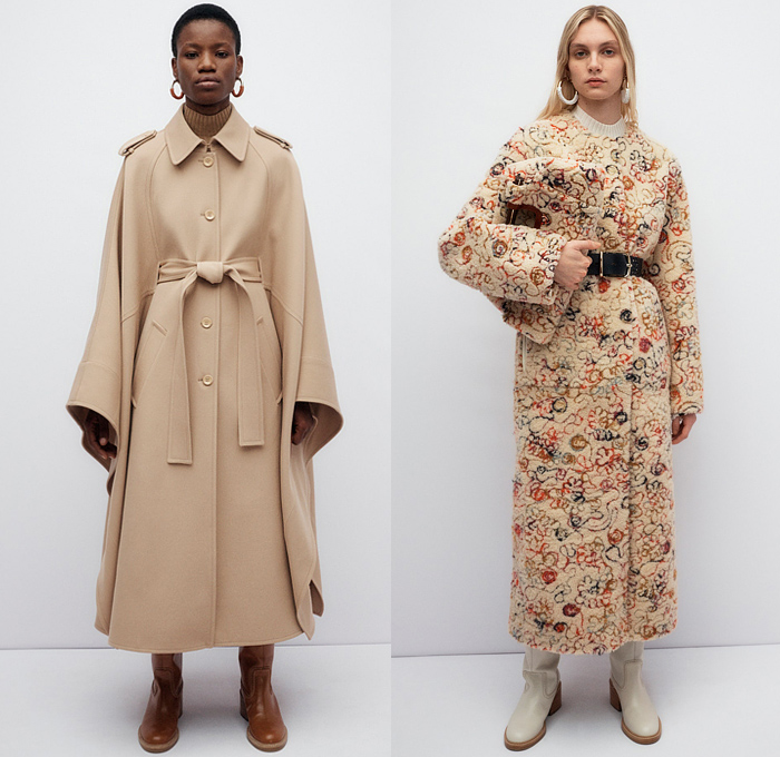 Chloé 2022 Pre-Fall Autumn Womens Lookbook Presentation - Balloon Leg O'Mutton Wide Cupcake Sleeves Ruffles Oversleeve Capelet Holes Eyelets Leaves Foliage Decorative Art Blouse Scales Knit Crochet Mesh Fishnet Adorned Threads Fringes Shawl Dress Zipper Stitch Pantsuit Blazer Patchwork Colorblock Trench Coat Bomber Jacket Fur Plush Embroidery Fleece Wool Midi Skirt Sandals Boots Handbag