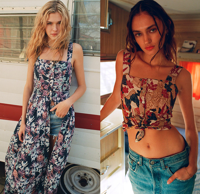 Chufy 2022 High Summer Pre-Fall Autumn Womens Lookbook Presentation - My Aussie Days Flowers Floral Fauna Foliage Leaves Plants Botanical Pinafore Prairie Damsel Mini Maxi Dress Denim Jeans Shorts Cutoffs Crop Top Midriff Quilted Padded Vest Blouse Shirt Poplin Abstract Spray Wide Belt Organic Shirtdress Geometric Ornaments Decorative Art Turtleneck Sweater Shorts Boots