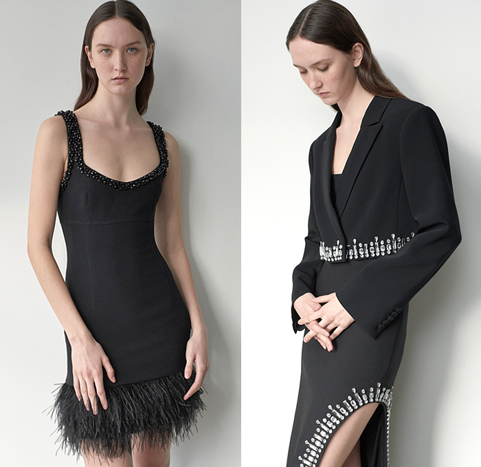 Cinq à Sept 2022-2023 Fall Autumn Winter Womens Lookbook Presentation - New York Fashion Week NYFW - Neoclassical New Noir Strapless Bandeau Denim Jeans Skirt Cutout Waist Coat Blazer Pantsuit Velvet Tuxedo Stripe Cinch Drawstring Feathers Bedazzled Beads Studs Crystals Decorative Art Halterneck Knit Sweaterdress Dress Olive Branch Leaves Tights Leggings Silk Satin Asymmetrical Twist Weave Swirls Pattern Turtleneck One Shoulder Ruffles Draped Noodle Strap Stripes Shawl Fringes