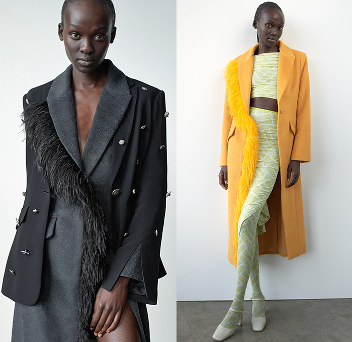 Cinq à Sept 2022-2023 Fall Autumn Winter Womens Lookbook Presentation - New York Fashion Week NYFW - Neoclassical New Noir Strapless Bandeau Denim Jeans Skirt Cutout Waist Coat Blazer Pantsuit Velvet Tuxedo Stripe Cinch Drawstring Feathers Bedazzled Beads Studs Crystals Decorative Art Halterneck Knit Sweaterdress Dress Olive Branch Leaves Tights Leggings Silk Satin Asymmetrical Twist Weave Swirls Pattern Turtleneck One Shoulder Ruffles Draped Noodle Strap Stripes Shawl Fringes