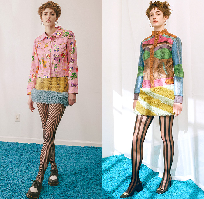 Colin LoCascio 2022-2023 Fall Autumn Winter Womens Lookbook Presentation - New York Fashion Week NYFW American Collections Calendar - Lace Embroidery Blouse Fur Snakeskin Patchwork Plaid Check Knit Crochet Mesh Fishnet Sweater Noodle Strap Stripes Flowers Floral Bedazzled Cutout Dress Miniskirt Farfalle Bow-Tie Pasta Fusilli Tiered Ruffles Coat Jacket Robe Cardigan Vegan Leather Frog Metal Gold Foil Jeans Tights Stockings Leggings Boots Handbag