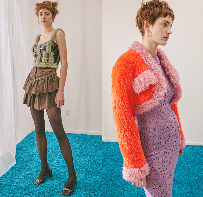 Colin LoCascio 2022-2023 Fall Autumn Winter Womens Lookbook Presentation - New York Fashion Week NYFW American Collections Calendar - Lace Embroidery Blouse Fur Snakeskin Patchwork Plaid Check Knit Crochet Mesh Fishnet Sweater Noodle Strap Stripes Flowers Floral Bedazzled Cutout Dress Miniskirt Farfalle Bow-Tie Pasta Fusilli Tiered Ruffles Coat Jacket Robe Cardigan Vegan Leather Frog Metal Gold Foil Jeans Tights Stockings Leggings Boots Handbag