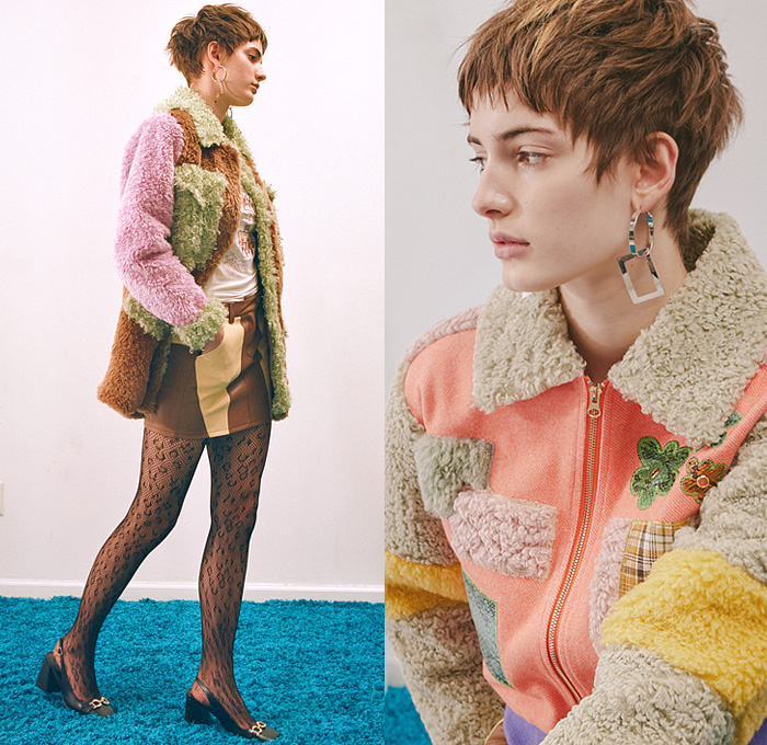 Colin LoCascio 2022-2023 Fall Autumn Winter Womens Lookbook Presentation - New York Fashion Week NYFW American Collections Calendar - Lace Embroidery Blouse Fur Snakeskin Patchwork Plaid Check Knit Crochet Mesh Fishnet Sweater Noodle Strap Stripes Flowers Floral Bedazzled Cutout Dress Miniskirt Farfalle Bow-Tie Pasta Fusilli Tiered Ruffles Coat Jacket Robe Cardigan Vegan Leather Frog Metal Gold Foil Jeans Tights Stockings Leggings Boots Handbag