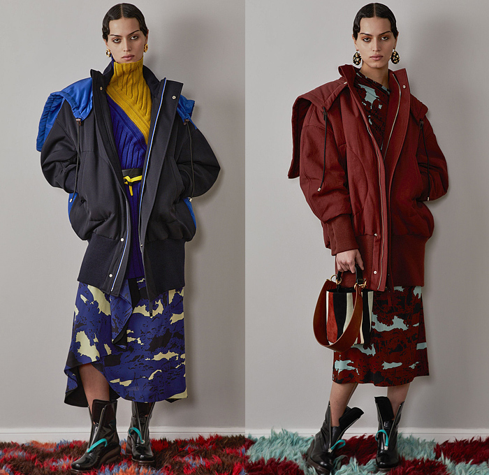 Colville 2022-2023 Fall Autumn Winter Womens Lookbook Presentation - Milano Moda Donna Collezione Milan Fashion Week Italy - Poufy Shoulders Puff Sleeves Shift Dress Cinch Geometric Colorblock Abstract Knit Turtleneck Flowers Floral Cropped Top Accordion Pleats Patchwork Tiered Ruffles Petal Hem Skirt Sweatshirt Coat Parka Puffer Quilted Capelet Oversleeve Knit Sleeve Blouse Denim Jeans Tabard Wide Leg Palazzo Pants Headwear Draped Silk Satin Handbag Tote Snakeskin Boots Wedge 
