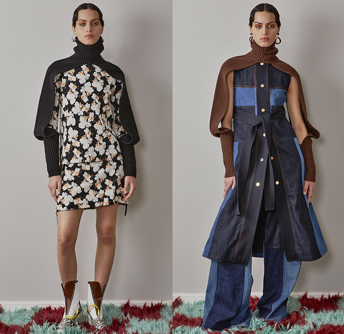 Colville 2022-2023 Fall Autumn Winter Womens Lookbook Presentation - Milano Moda Donna Collezione Milan Fashion Week Italy - Poufy Shoulders Puff Sleeves Shift Dress Cinch Geometric Colorblock Abstract Knit Turtleneck Flowers Floral Cropped Top Accordion Pleats Patchwork Tiered Ruffles Petal Hem Skirt Sweatshirt Coat Parka Puffer Quilted Capelet Oversleeve Knit Sleeve Blouse Denim Jeans Tabard Wide Leg Palazzo Pants Headwear Draped Silk Satin Handbag Tote Snakeskin Boots Wedge 