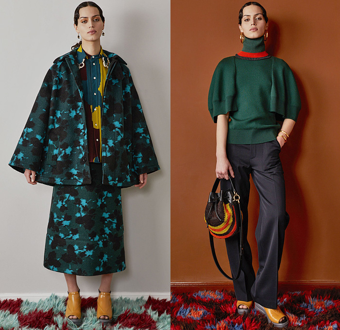 Colville 2022-2023 Fall Autumn Winter Womens Lookbook Presentation - Milano Moda Donna Collezione Milan Fashion Week Italy - Poufy Shoulders Puff Sleeves Shift Dress Cinch Geometric Colorblock Abstract Knit Turtleneck Flowers Floral Cropped Top Accordion Pleats Patchwork Tiered Ruffles Petal Hem Skirt Sweatshirt Coat Parka Puffer Quilted Capelet Oversleeve Knit Sleeve Blouse Denim Jeans Tabard Wide Leg Palazzo Pants Headwear Draped Silk Satin Handbag Tote Snakeskin Boots Wedge 