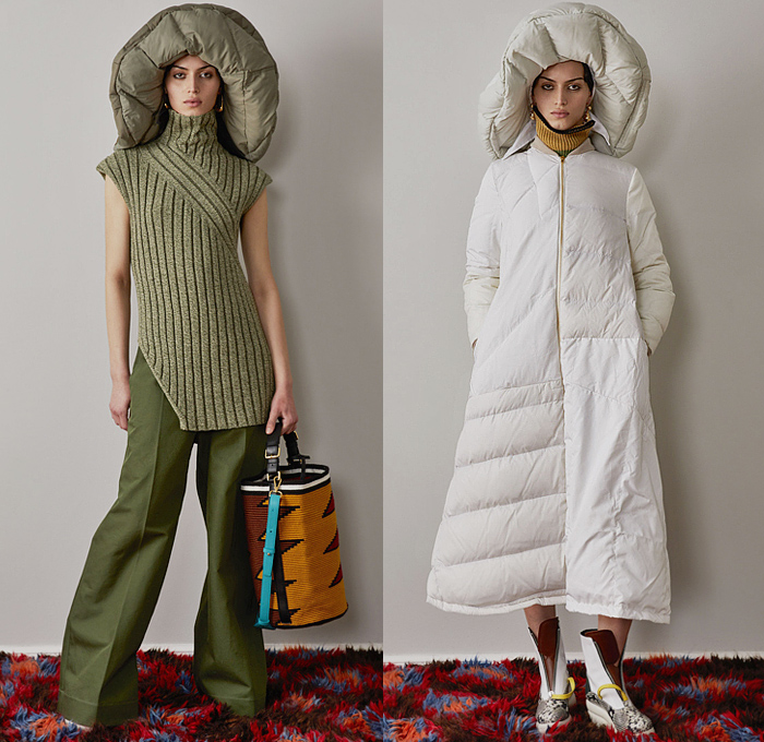 Colville 2022-2023 Fall Autumn Winter Womens Lookbook Presentation - Milano Moda Donna Collezione Milan Fashion Week Italy - Poufy Shoulders Puff Sleeves Shift Dress Cinch Geometric Colorblock Abstract Knit Turtleneck Flowers Floral Cropped Top Accordion Pleats Patchwork Tiered Ruffles Petal Hem Skirt Sweatshirt Coat Parka Puffer Quilted Capelet Oversleeve Knit Sleeve Blouse Denim Jeans Tabard Wide Leg Palazzo Pants Headwear Draped Silk Satin Handbag Tote Snakeskin Boots Wedge 