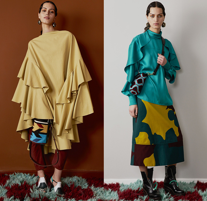 Colville 2022-2023 Fall Autumn Winter Womens Lookbook Presentation - Milano Moda Donna Collezione Milan Fashion Week Italy - Poufy Shoulders Puff Sleeves Shift Dress Cinch Geometric Colorblock Abstract Knit Turtleneck Flowers Floral Cropped Top Accordion Pleats Patchwork Tiered Ruffles Petal Hem Skirt Sweatshirt Coat Parka Puffer Quilted Capelet Oversleeve Knit Sleeve Blouse Denim Jeans Tabard Wide Leg Palazzo Pants Headwear Draped Silk Satin Handbag Tote Snakeskin Boots Wedge 