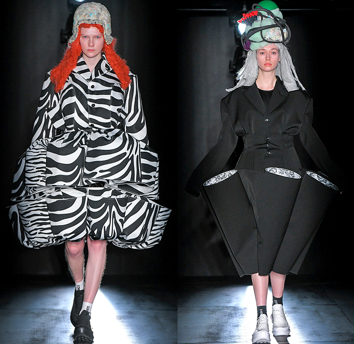 Comme des Garçons 2022-2023 Fall Autumn Winter Womens Runway Looks - Black Rose Animalier Zebra Stripes Deconstructed Roll Up Cylinders Sculpture Outerwear Coatdress Puff Ball Felt Wool Embossed Petal Hem Puff Sleeves Elongated Victorian Flowers Floral Decorative Art Ornaments Patchwork Tiered Strips Headpiece Sneakers