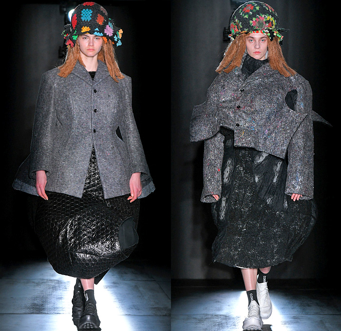 Comme des Garçons 2022-2023 Fall Autumn Winter Womens Runway Looks - Black Rose Animalier Zebra Stripes Deconstructed Roll Up Cylinders Sculpture Outerwear Coatdress Puff Ball Felt Wool Embossed Petal Hem Puff Sleeves Elongated Victorian Flowers Floral Decorative Art Ornaments Patchwork Tiered Strips Headpiece Sneakers