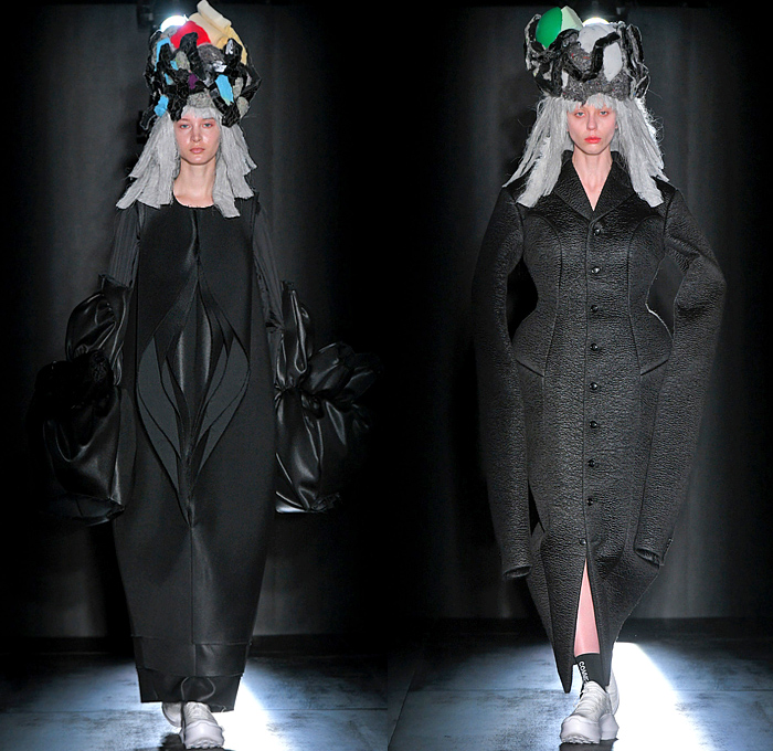 Comme des Garçons 2022-2023 Fall Autumn Winter Womens Runway Looks - Black Rose Animalier Zebra Stripes Deconstructed Roll Up Cylinders Sculpture Outerwear Coatdress Puff Ball Felt Wool Embossed Petal Hem Puff Sleeves Elongated Victorian Flowers Floral Decorative Art Ornaments Patchwork Tiered Strips Headpiece Sneakers