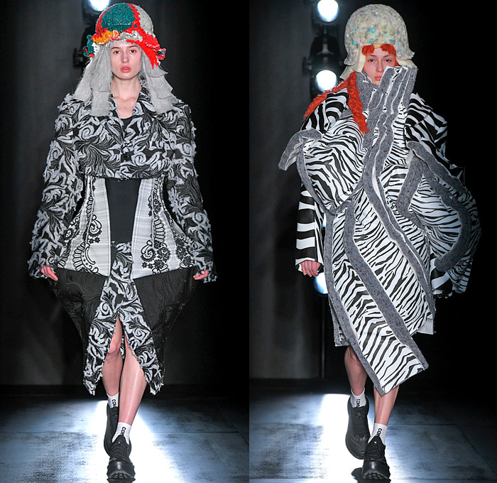 Comme des Garçons 2022-2023 Fall Autumn Winter Womens Runway Looks - Black Rose Animalier Zebra Stripes Deconstructed Roll Up Cylinders Sculpture Outerwear Coatdress Puff Ball Felt Wool Embossed Petal Hem Puff Sleeves Elongated Victorian Flowers Floral Decorative Art Ornaments Patchwork Tiered Strips Headpiece Sneakers