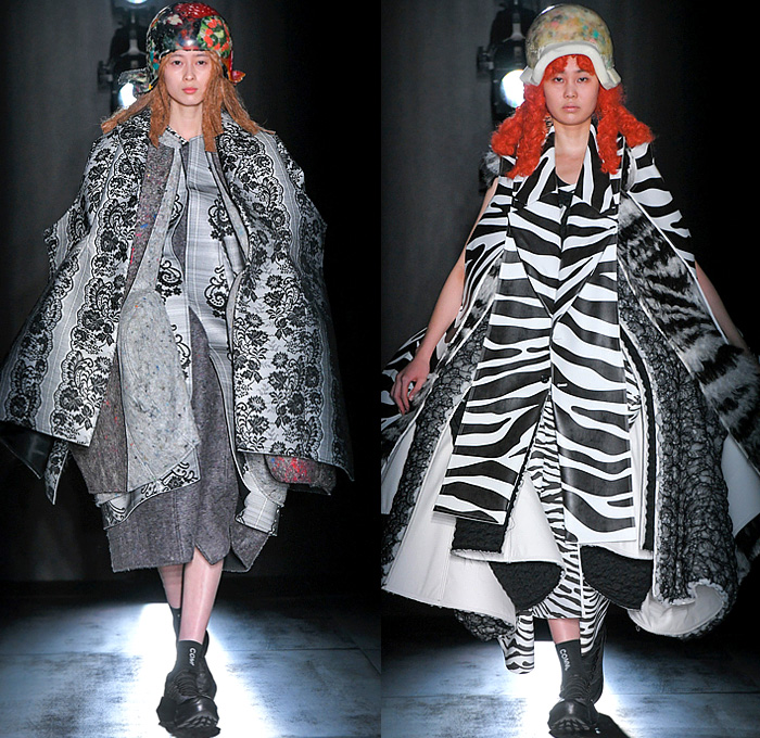 Comme des Garçons 2022-2023 Fall Autumn Winter Womens Runway Looks - Black Rose Animalier Zebra Stripes Deconstructed Roll Up Cylinders Sculpture Outerwear Coatdress Puff Ball Felt Wool Embossed Petal Hem Puff Sleeves Elongated Victorian Flowers Floral Decorative Art Ornaments Patchwork Tiered Strips Headpiece Sneakers