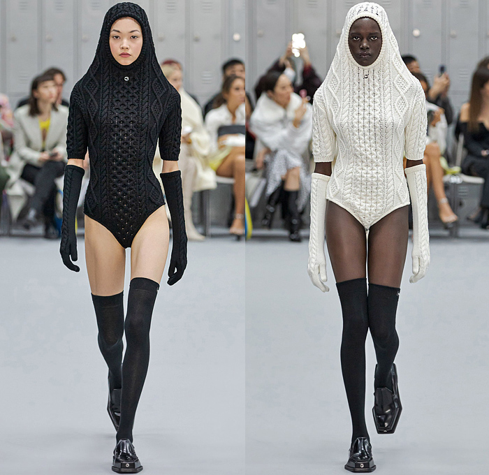 Coperni 2022-2023 Fall Autumn Winter Womens Runway Collection Looks - Paris Fashion Week Femme PFW - Coming of Age - Mini Dress Pockets Straps Vest Raised Hood Cocoon Balaclava Cable Knit Onesie Leotard Playsuit Lapel Capelet Blazer Jacket Bat Ears Drawstring Bedazzled Crystals Studs Stripes Cutout Trench Coat Fur Twist Tied Rose Bud Flowers Floral Tromp L'oeil Blouse Sheer Latex Grommets Mirrors Draped Tiered Denim Jeans Miniskirt Stockings Tights Bicycle Shorts Handbag Warmers