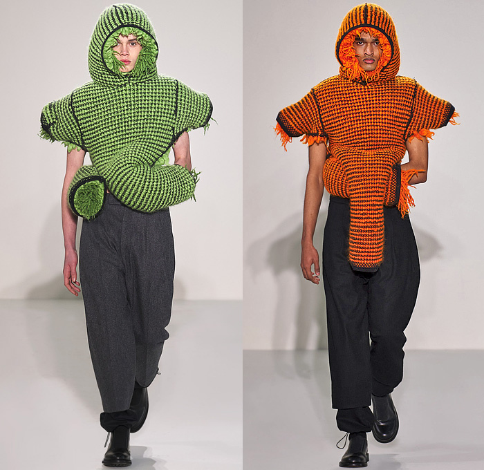 Craig Green 2022-2023 Fall Autumn Winter Mens Runway Looks - Cardboard Roll Inflatable Raft Chunky Knit Weave Mesh Tubes Sling Sweater Sculpture Wool Furry Pads Curves Frequency Honeycomb Cupcake Hem Bib Hoodie Outerwear Coat Parka Anorak Windbreaker Straps Pocket Valves Corduroy Quilted Puffer Sheen Modular Layers Baggy Tapered Pants Onesie Coveralls Jumpsuit Handbag Boot Gaiters Covers Bucket Hat Frontpack Balaclava Cow Udders