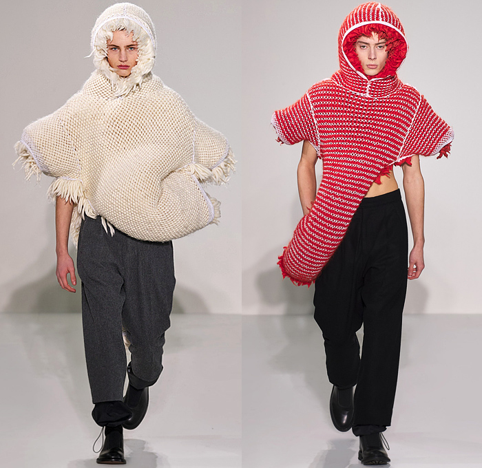 Craig Green 2022-2023 Fall Autumn Winter Mens Runway Looks - Cardboard Roll Inflatable Raft Chunky Knit Weave Mesh Tubes Sling Sweater Sculpture Wool Furry Pads Curves Frequency Honeycomb Cupcake Hem Bib Hoodie Outerwear Coat Parka Anorak Windbreaker Straps Pocket Valves Corduroy Quilted Puffer Sheen Modular Layers Baggy Tapered Pants Onesie Coveralls Jumpsuit Handbag Boot Gaiters Covers Bucket Hat Frontpack Balaclava Cow Udders