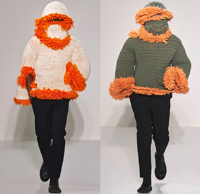 Craig Green 2022-2023 Fall Autumn Winter Mens Runway Looks - Cardboard Roll Inflatable Raft Chunky Knit Weave Mesh Tubes Sling Sweater Sculpture Wool Furry Pads Curves Frequency Honeycomb Cupcake Hem Bib Hoodie Outerwear Coat Parka Anorak Windbreaker Straps Pocket Valves Corduroy Quilted Puffer Sheen Modular Layers Baggy Tapered Pants Onesie Coveralls Jumpsuit Handbag Boot Gaiters Covers Bucket Hat Frontpack Balaclava Cow Udders