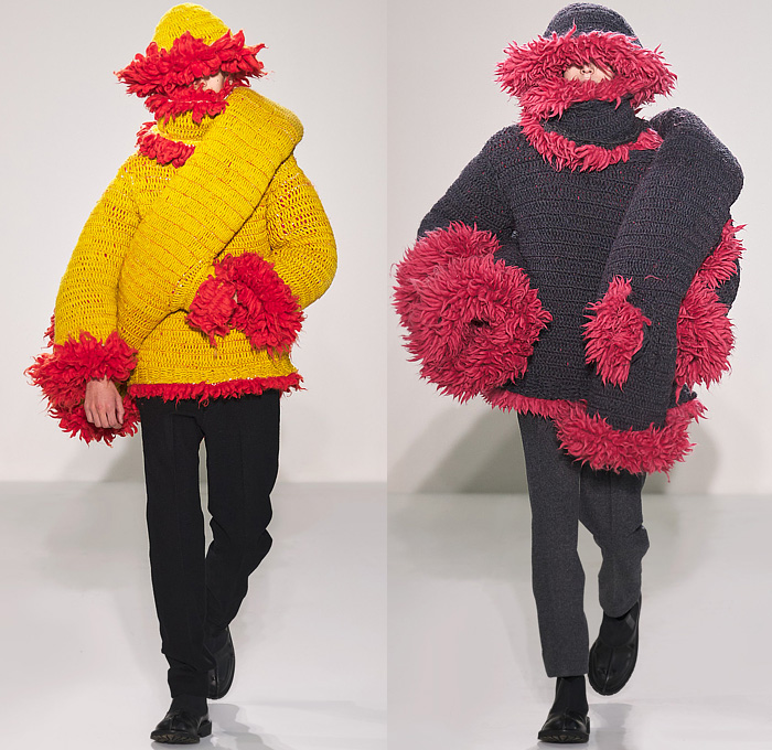 Craig Green 2022-2023 Fall Autumn Winter Mens Runway Looks - Cardboard Roll Inflatable Raft Chunky Knit Weave Mesh Tubes Sling Sweater Sculpture Wool Furry Pads Curves Frequency Honeycomb Cupcake Hem Bib Hoodie Outerwear Coat Parka Anorak Windbreaker Straps Pocket Valves Corduroy Quilted Puffer Sheen Modular Layers Baggy Tapered Pants Onesie Coveralls Jumpsuit Handbag Boot Gaiters Covers Bucket Hat Frontpack Balaclava Cow Udders