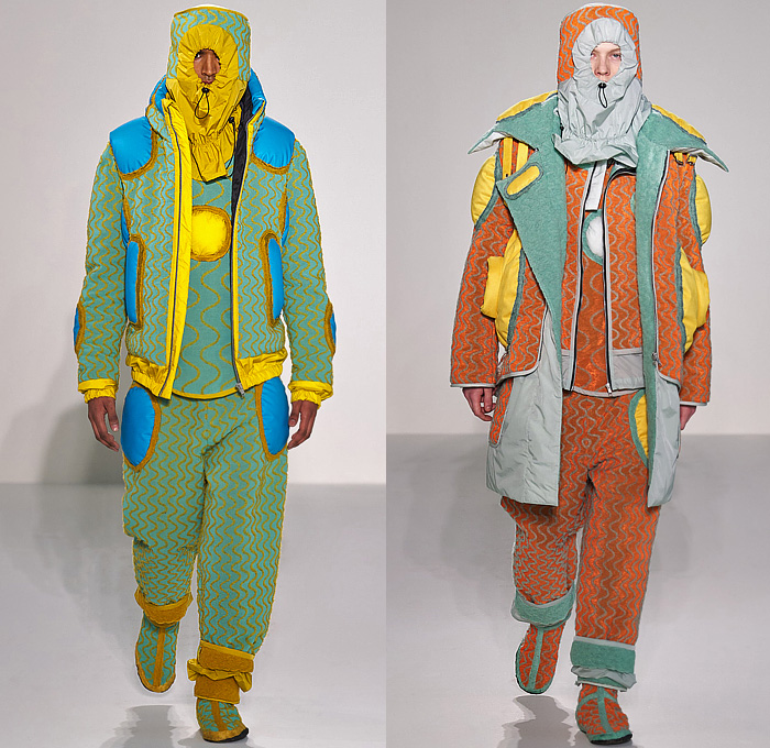 Craig Green 2022-2023 Fall Autumn Winter Mens Runway Looks - Cardboard Roll Inflatable Raft Chunky Knit Weave Mesh Tubes Sling Sweater Sculpture Wool Furry Pads Curves Frequency Honeycomb Cupcake Hem Bib Hoodie Outerwear Coat Parka Anorak Windbreaker Straps Pocket Valves Corduroy Quilted Puffer Sheen Modular Layers Baggy Tapered Pants Onesie Coveralls Jumpsuit Handbag Boot Gaiters Covers Bucket Hat Frontpack Balaclava Cow Udders