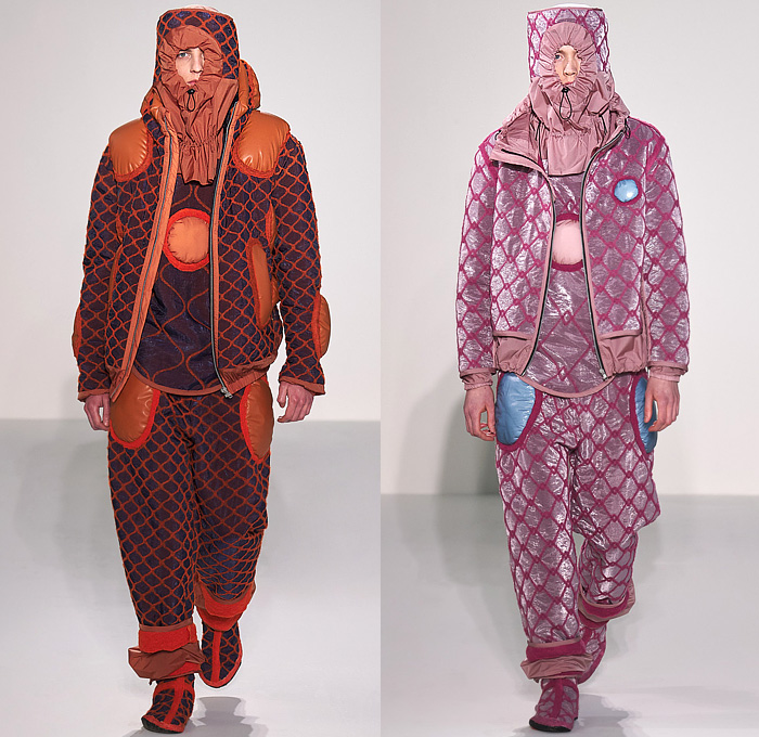 Craig Green 2022-2023 Fall Autumn Winter Mens Runway Looks - Cardboard Roll Inflatable Raft Chunky Knit Weave Mesh Tubes Sling Sweater Sculpture Wool Furry Pads Curves Frequency Honeycomb Cupcake Hem Bib Hoodie Outerwear Coat Parka Anorak Windbreaker Straps Pocket Valves Corduroy Quilted Puffer Sheen Modular Layers Baggy Tapered Pants Onesie Coveralls Jumpsuit Handbag Boot Gaiters Covers Bucket Hat Frontpack Balaclava Cow Udders