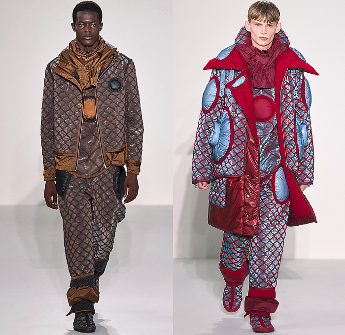 Craig Green 2022-2023 Fall Autumn Winter Mens Runway Looks - Cardboard Roll Inflatable Raft Chunky Knit Weave Mesh Tubes Sling Sweater Sculpture Wool Furry Pads Curves Frequency Honeycomb Cupcake Hem Bib Hoodie Outerwear Coat Parka Anorak Windbreaker Straps Pocket Valves Corduroy Quilted Puffer Sheen Modular Layers Baggy Tapered Pants Onesie Coveralls Jumpsuit Handbag Boot Gaiters Covers Bucket Hat Frontpack Balaclava Cow Udders