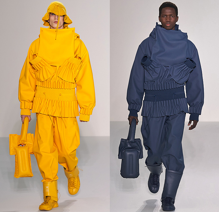 Craig Green 2022-2023 Fall Autumn Winter Mens Runway Looks - Cardboard Roll Inflatable Raft Chunky Knit Weave Mesh Tubes Sling Sweater Sculpture Wool Furry Pads Curves Frequency Honeycomb Cupcake Hem Bib Hoodie Outerwear Coat Parka Anorak Windbreaker Straps Pocket Valves Corduroy Quilted Puffer Sheen Modular Layers Baggy Tapered Pants Onesie Coveralls Jumpsuit Handbag Boot Gaiters Covers Bucket Hat Frontpack Balaclava Cow Udders