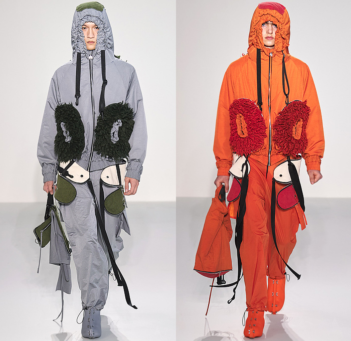 Craig Green 2022-2023 Fall Autumn Winter Mens Runway Looks - Cardboard Roll Inflatable Raft Chunky Knit Weave Mesh Tubes Sling Sweater Sculpture Wool Furry Pads Curves Frequency Honeycomb Cupcake Hem Bib Hoodie Outerwear Coat Parka Anorak Windbreaker Straps Pocket Valves Corduroy Quilted Puffer Sheen Modular Layers Baggy Tapered Pants Onesie Coveralls Jumpsuit Handbag Boot Gaiters Covers Bucket Hat Frontpack Balaclava Cow Udders