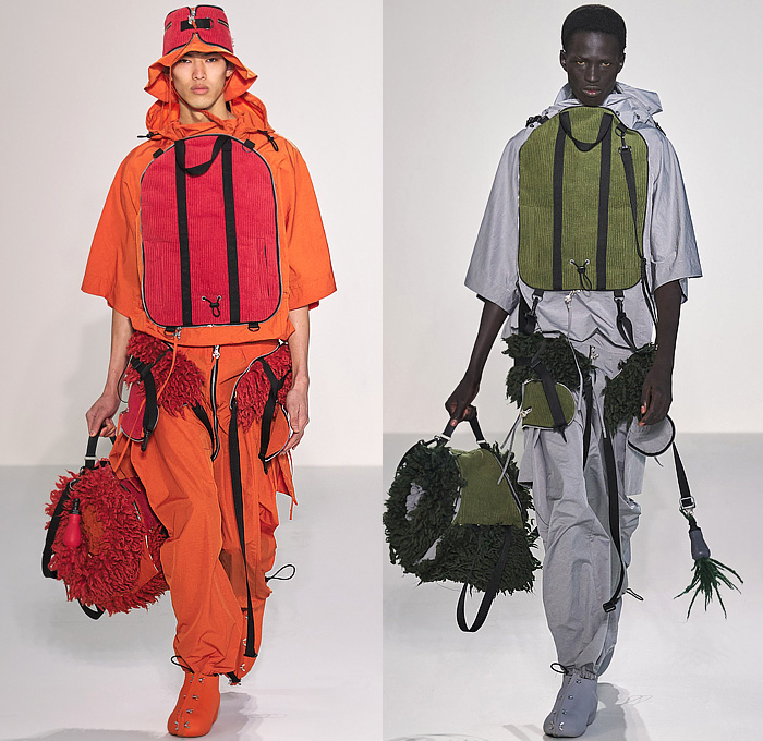 Craig Green 2022-2023 Fall Autumn Winter Mens Runway Looks - Cardboard Roll Inflatable Raft Chunky Knit Weave Mesh Tubes Sling Sweater Sculpture Wool Furry Pads Curves Frequency Honeycomb Cupcake Hem Bib Hoodie Outerwear Coat Parka Anorak Windbreaker Straps Pocket Valves Corduroy Quilted Puffer Sheen Modular Layers Baggy Tapered Pants Onesie Coveralls Jumpsuit Handbag Boot Gaiters Covers Bucket Hat Frontpack Balaclava Cow Udders