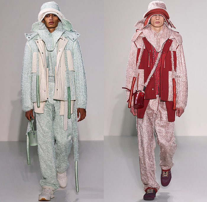 Craig Green 2022-2023 Fall Autumn Winter Mens Runway Looks - Cardboard Roll Inflatable Raft Chunky Knit Weave Mesh Tubes Sling Sweater Sculpture Wool Furry Pads Curves Frequency Honeycomb Cupcake Hem Bib Hoodie Outerwear Coat Parka Anorak Windbreaker Straps Pocket Valves Corduroy Quilted Puffer Sheen Modular Layers Baggy Tapered Pants Onesie Coveralls Jumpsuit Handbag Boot Gaiters Covers Bucket Hat Frontpack Balaclava Cow Udders