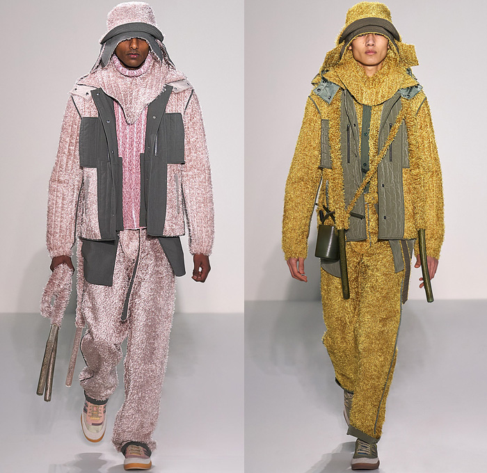 Craig Green 2022-2023 Fall Autumn Winter Mens Runway Looks - Cardboard Roll Inflatable Raft Chunky Knit Weave Mesh Tubes Sling Sweater Sculpture Wool Furry Pads Curves Frequency Honeycomb Cupcake Hem Bib Hoodie Outerwear Coat Parka Anorak Windbreaker Straps Pocket Valves Corduroy Quilted Puffer Sheen Modular Layers Baggy Tapered Pants Onesie Coveralls Jumpsuit Handbag Boot Gaiters Covers Bucket Hat Frontpack Balaclava Cow Udders