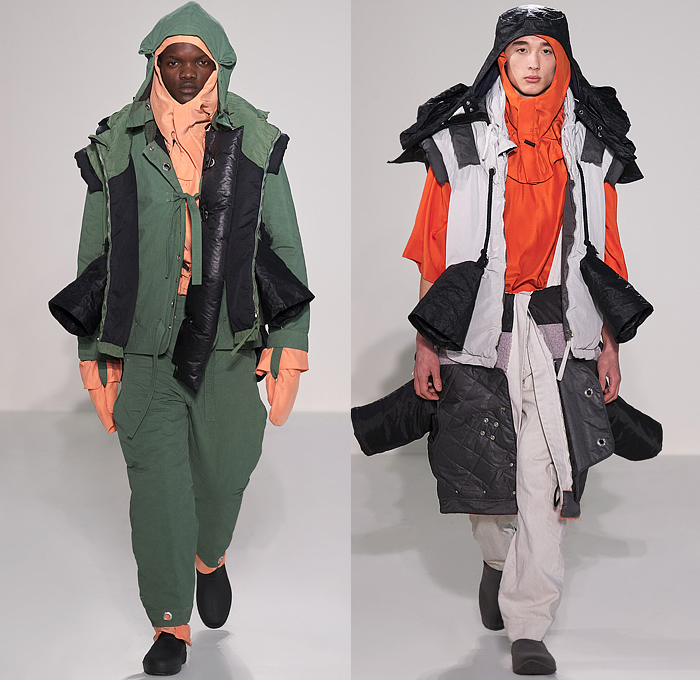 Craig Green 2022-2023 Fall Autumn Winter Mens Runway Looks - Cardboard Roll Inflatable Raft Chunky Knit Weave Mesh Tubes Sling Sweater Sculpture Wool Furry Pads Curves Frequency Honeycomb Cupcake Hem Bib Hoodie Outerwear Coat Parka Anorak Windbreaker Straps Pocket Valves Corduroy Quilted Puffer Sheen Modular Layers Baggy Tapered Pants Onesie Coveralls Jumpsuit Handbag Boot Gaiters Covers Bucket Hat Frontpack Balaclava Cow Udders