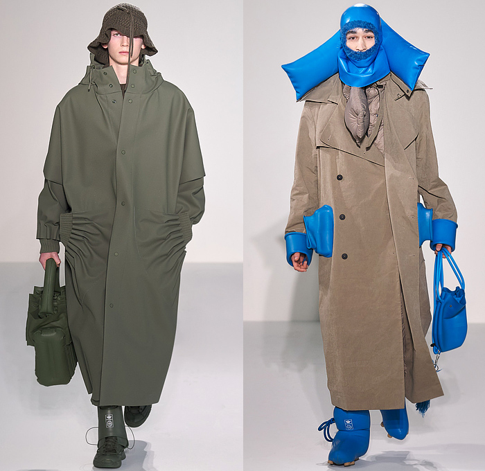 Craig Green 2022-2023 Fall Autumn Winter Mens Runway Looks - Cardboard Roll Inflatable Raft Chunky Knit Weave Mesh Tubes Sling Sweater Sculpture Wool Furry Pads Curves Frequency Honeycomb Cupcake Hem Bib Hoodie Outerwear Coat Parka Anorak Windbreaker Straps Pocket Valves Corduroy Quilted Puffer Sheen Modular Layers Baggy Tapered Pants Onesie Coveralls Jumpsuit Handbag Boot Gaiters Covers Bucket Hat Frontpack Balaclava Cow Udders