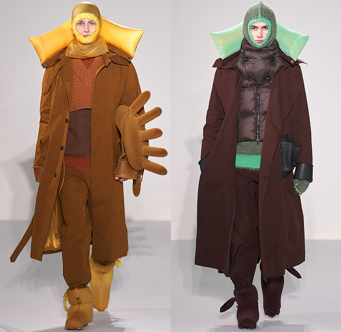 Craig Green 2022-2023 Fall Autumn Winter Mens Runway Looks - Cardboard Roll Inflatable Raft Chunky Knit Weave Mesh Tubes Sling Sweater Sculpture Wool Furry Pads Curves Frequency Honeycomb Cupcake Hem Bib Hoodie Outerwear Coat Parka Anorak Windbreaker Straps Pocket Valves Corduroy Quilted Puffer Sheen Modular Layers Baggy Tapered Pants Onesie Coveralls Jumpsuit Handbag Boot Gaiters Covers Bucket Hat Frontpack Balaclava Cow Udders