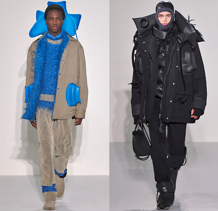 Craig Green 2022-2023 Fall Autumn Winter Mens Runway Looks - Cardboard Roll Inflatable Raft Chunky Knit Weave Mesh Tubes Sling Sweater Sculpture Wool Furry Pads Curves Frequency Honeycomb Cupcake Hem Bib Hoodie Outerwear Coat Parka Anorak Windbreaker Straps Pocket Valves Corduroy Quilted Puffer Sheen Modular Layers Baggy Tapered Pants Onesie Coveralls Jumpsuit Handbag Boot Gaiters Covers Bucket Hat Frontpack Balaclava Cow Udders