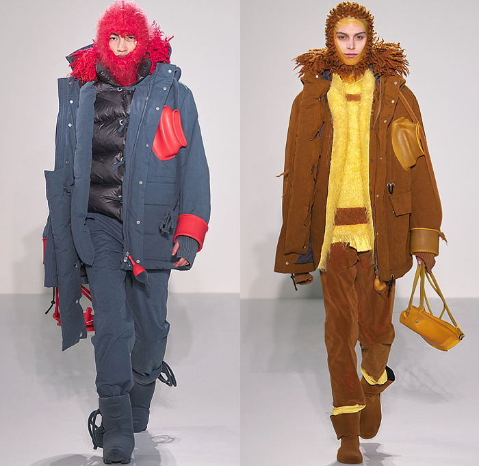 Craig Green 2022-2023 Fall Autumn Winter Mens Runway Looks - Cardboard Roll Inflatable Raft Chunky Knit Weave Mesh Tubes Sling Sweater Sculpture Wool Furry Pads Curves Frequency Honeycomb Cupcake Hem Bib Hoodie Outerwear Coat Parka Anorak Windbreaker Straps Pocket Valves Corduroy Quilted Puffer Sheen Modular Layers Baggy Tapered Pants Onesie Coveralls Jumpsuit Handbag Boot Gaiters Covers Bucket Hat Frontpack Balaclava Cow Udders