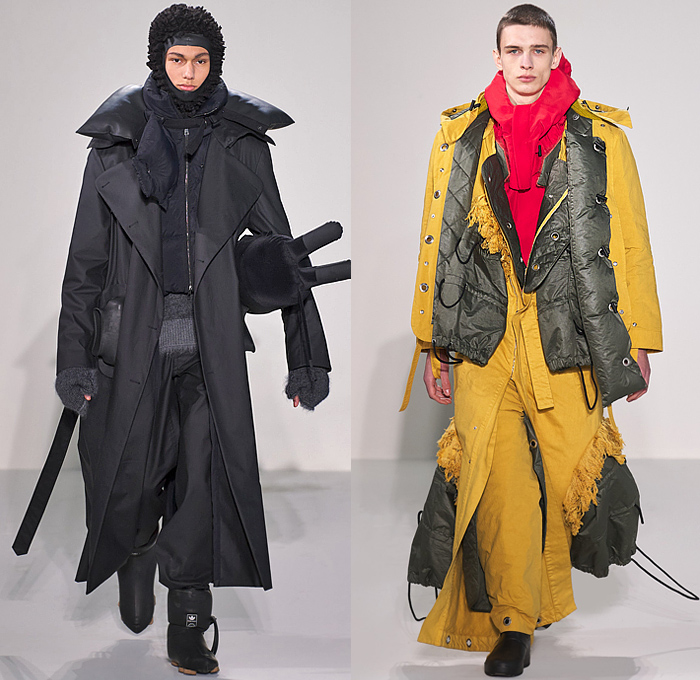 Craig Green 2022-2023 Fall Autumn Winter Mens Runway Looks - Cardboard Roll Inflatable Raft Chunky Knit Weave Mesh Tubes Sling Sweater Sculpture Wool Furry Pads Curves Frequency Honeycomb Cupcake Hem Bib Hoodie Outerwear Coat Parka Anorak Windbreaker Straps Pocket Valves Corduroy Quilted Puffer Sheen Modular Layers Baggy Tapered Pants Onesie Coveralls Jumpsuit Handbag Boot Gaiters Covers Bucket Hat Frontpack Balaclava Cow Udders