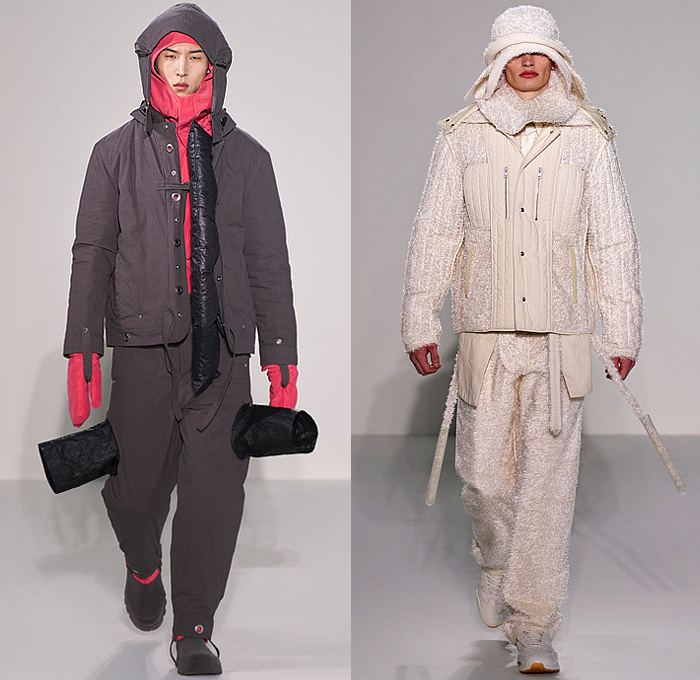 Craig Green 2022-2023 Fall Autumn Winter Mens Runway Looks - Cardboard Roll Inflatable Raft Chunky Knit Weave Mesh Tubes Sling Sweater Sculpture Wool Furry Pads Curves Frequency Honeycomb Cupcake Hem Bib Hoodie Outerwear Coat Parka Anorak Windbreaker Straps Pocket Valves Corduroy Quilted Puffer Sheen Modular Layers Baggy Tapered Pants Onesie Coveralls Jumpsuit Handbag Boot Gaiters Covers Bucket Hat Frontpack Balaclava Cow Udders