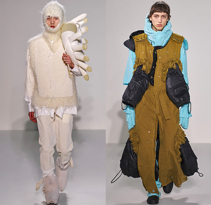 Craig Green 2022-2023 Fall Autumn Winter Mens Runway Looks - Cardboard Roll Inflatable Raft Chunky Knit Weave Mesh Tubes Sling Sweater Sculpture Wool Furry Pads Curves Frequency Honeycomb Cupcake Hem Bib Hoodie Outerwear Coat Parka Anorak Windbreaker Straps Pocket Valves Corduroy Quilted Puffer Sheen Modular Layers Baggy Tapered Pants Onesie Coveralls Jumpsuit Handbag Boot Gaiters Covers Bucket Hat Frontpack Balaclava Cow Udders