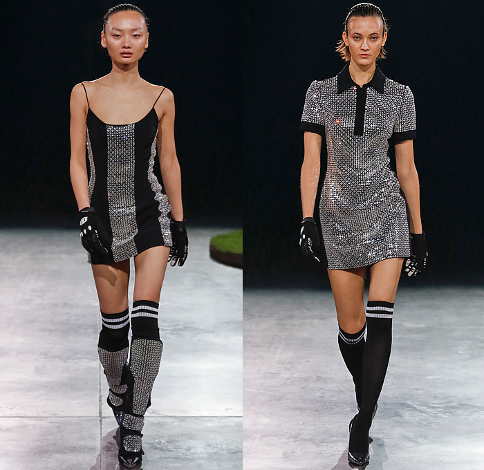 David Koma 2022-2023 Fall Autumn Winter Womens Runway Looks - London Fashion Week Collections UK - Football Soccer Bedazzled Crystals Gems Jewels Mesh Sweater Stripes Sporty Miniskirt Rose Motorcycle Biker Rider Noodle Strap Shirtdress Strapless Cutout Bicycle Shorts Bralette Jogger Sweatpants Crop Top Midriff Denim Jeans Pleats FPuff Sleeves Cross Halterneck Strap Belt Gown Dress Bandeau Fringes Coat Bomber Jacket Sheer Tulle Jumpsuit Gloves Athletic Socks Shin Guard Helmet Boots