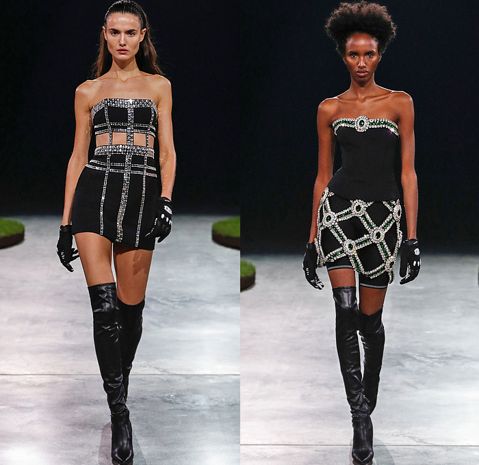 David Koma 2022-2023 Fall Autumn Winter Womens Runway Looks - London Fashion Week Collections UK - Football Soccer Bedazzled Crystals Gems Jewels Mesh Sweater Stripes Sporty Miniskirt Rose Motorcycle Biker Rider Noodle Strap Shirtdress Strapless Cutout Bicycle Shorts Bralette Jogger Sweatpants Crop Top Midriff Denim Jeans Pleats FPuff Sleeves Cross Halterneck Strap Belt Gown Dress Bandeau Fringes Coat Bomber Jacket Sheer Tulle Jumpsuit Gloves Athletic Socks Shin Guard Helmet Boots