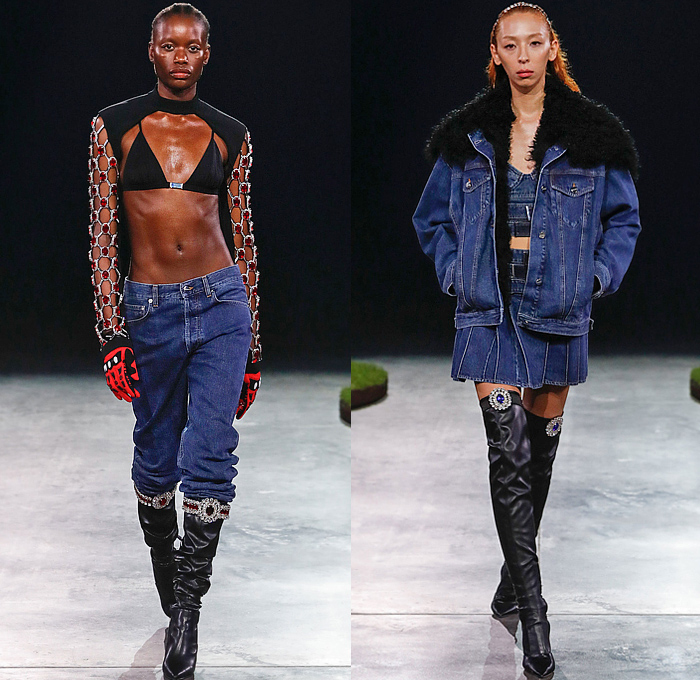 David Koma 2022-2023 Fall Autumn Winter Womens Runway Looks - London Fashion Week Collections UK - Football Soccer Bedazzled Crystals Gems Jewels Mesh Sweater Stripes Sporty Miniskirt Rose Motorcycle Biker Rider Noodle Strap Shirtdress Strapless Cutout Bicycle Shorts Bralette Jogger Sweatpants Crop Top Midriff Denim Jeans Pleats FPuff Sleeves Cross Halterneck Strap Belt Gown Dress Bandeau Fringes Coat Bomber Jacket Sheer Tulle Jumpsuit Gloves Athletic Socks Shin Guard Helmet Boots