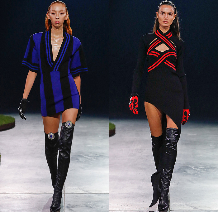 David Koma 2022-2023 Fall Autumn Winter Womens Runway Looks - London Fashion Week Collections UK - Football Soccer Bedazzled Crystals Gems Jewels Mesh Sweater Stripes Sporty Miniskirt Rose Motorcycle Biker Rider Noodle Strap Shirtdress Strapless Cutout Bicycle Shorts Bralette Jogger Sweatpants Crop Top Midriff Denim Jeans Pleats FPuff Sleeves Cross Halterneck Strap Belt Gown Dress Bandeau Fringes Coat Bomber Jacket Sheer Tulle Jumpsuit Gloves Athletic Socks Shin Guard Helmet Boots