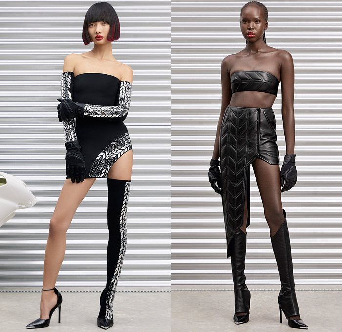 David Koma 2022 Pre-Fall Autumn Womens Lookbook Presentation - Tire Tracks Glass Mirrors Tiles Bedazzled Sequins Crystals Strapless Gloves Gown Asymmetrical Hem Tights Flames Bandeau Leather Draped Fringes Trims Motorcycle Biker Motocross Moto MX Jacket Gradient Miniskirt Alligator Crocodile Mockneck Silk Satin Cinch Cutout Halterneck Noodle Strap Feathers Swimsuit Unitard Catsuit Playsuit Knit Crop Top Midriff Bralette Harness Sheer Tulle Denim Jeans Vest Bandage Dress Helmet Boots