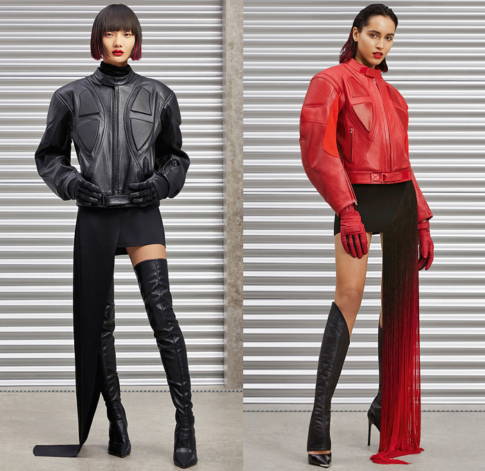 David Koma 2022 Pre-Fall Autumn Womens Lookbook Presentation - Tire Tracks Glass Mirrors Tiles Bedazzled Sequins Crystals Strapless Gloves Gown Asymmetrical Hem Tights Flames Bandeau Leather Draped Fringes Trims Motorcycle Biker Motocross Moto MX Jacket Gradient Miniskirt Alligator Crocodile Mockneck Silk Satin Cinch Cutout Halterneck Noodle Strap Feathers Swimsuit Unitard Catsuit Playsuit Knit Crop Top Midriff Bralette Harness Sheer Tulle Denim Jeans Vest Bandage Dress Helmet Boots