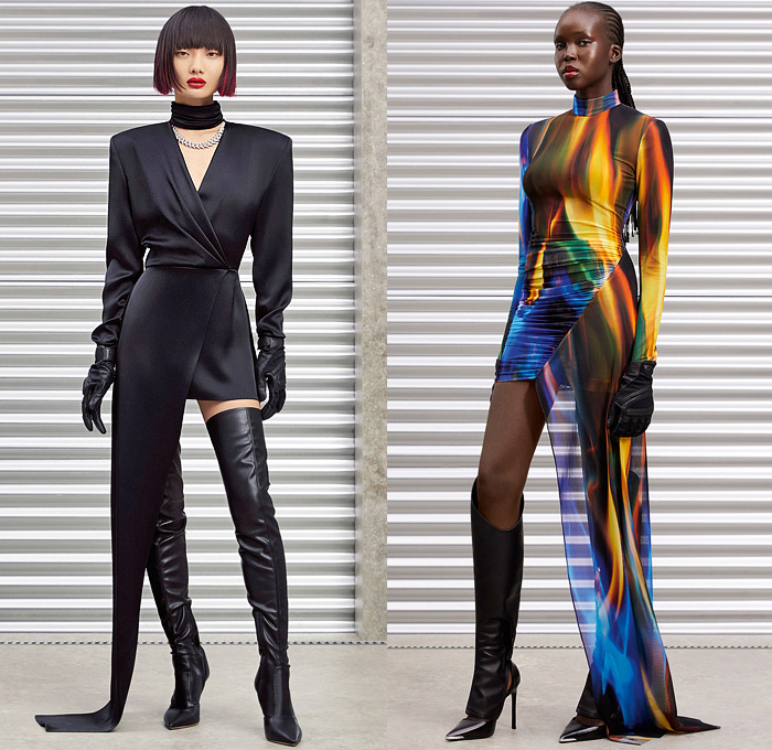 David Koma 2022 Pre-Fall Autumn Womens Lookbook Presentation - Tire Tracks Glass Mirrors Tiles Bedazzled Sequins Crystals Strapless Gloves Gown Asymmetrical Hem Tights Flames Bandeau Leather Draped Fringes Trims Motorcycle Biker Motocross Moto MX Jacket Gradient Miniskirt Alligator Crocodile Mockneck Silk Satin Cinch Cutout Halterneck Noodle Strap Feathers Swimsuit Unitard Catsuit Playsuit Knit Crop Top Midriff Bralette Harness Sheer Tulle Denim Jeans Vest Bandage Dress Helmet Boots