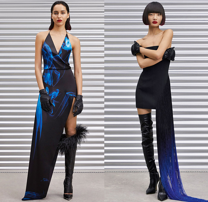 David Koma 2022 Pre-Fall Autumn Womens Lookbook Presentation - Tire Tracks Glass Mirrors Tiles Bedazzled Sequins Crystals Strapless Gloves Gown Asymmetrical Hem Tights Flames Bandeau Leather Draped Fringes Trims Motorcycle Biker Motocross Moto MX Jacket Gradient Miniskirt Alligator Crocodile Mockneck Silk Satin Cinch Cutout Halterneck Noodle Strap Feathers Swimsuit Unitard Catsuit Playsuit Knit Crop Top Midriff Bralette Harness Sheer Tulle Denim Jeans Vest Bandage Dress Helmet Boots