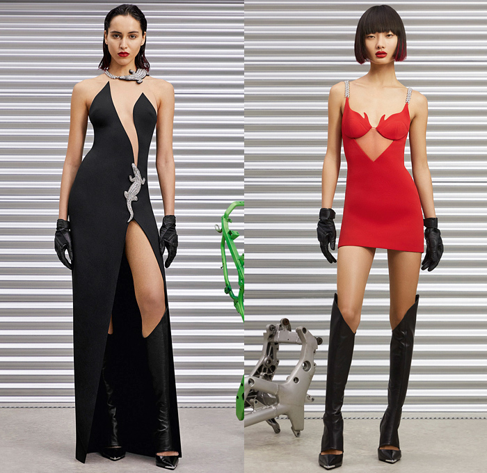 David Koma 2022 Pre-Fall Autumn Womens Lookbook Presentation - Tire Tracks Glass Mirrors Tiles Bedazzled Sequins Crystals Strapless Gloves Gown Asymmetrical Hem Tights Flames Bandeau Leather Draped Fringes Trims Motorcycle Biker Motocross Moto MX Jacket Gradient Miniskirt Alligator Crocodile Mockneck Silk Satin Cinch Cutout Halterneck Noodle Strap Feathers Swimsuit Unitard Catsuit Playsuit Knit Crop Top Midriff Bralette Harness Sheer Tulle Denim Jeans Vest Bandage Dress Helmet Boots