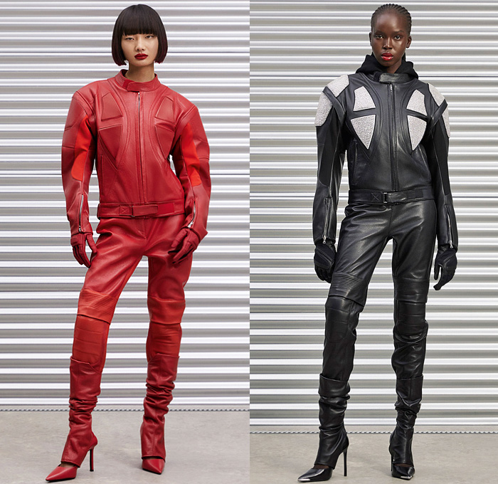 David Koma 2022 Pre-Fall Autumn Womens Lookbook Presentation - Tire Tracks Glass Mirrors Tiles Bedazzled Sequins Crystals Strapless Gloves Gown Asymmetrical Hem Tights Flames Bandeau Leather Draped Fringes Trims Motorcycle Biker Motocross Moto MX Jacket Gradient Miniskirt Alligator Crocodile Mockneck Silk Satin Cinch Cutout Halterneck Noodle Strap Feathers Swimsuit Unitard Catsuit Playsuit Knit Crop Top Midriff Bralette Harness Sheer Tulle Denim Jeans Vest Bandage Dress Helmet Boots